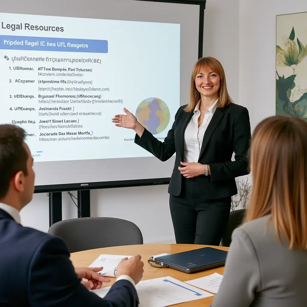 Iryna Sukhetska presentando enlaces oficiales y recursos legales durante una sesión informativa en la oficina de Gestión de Documentación.