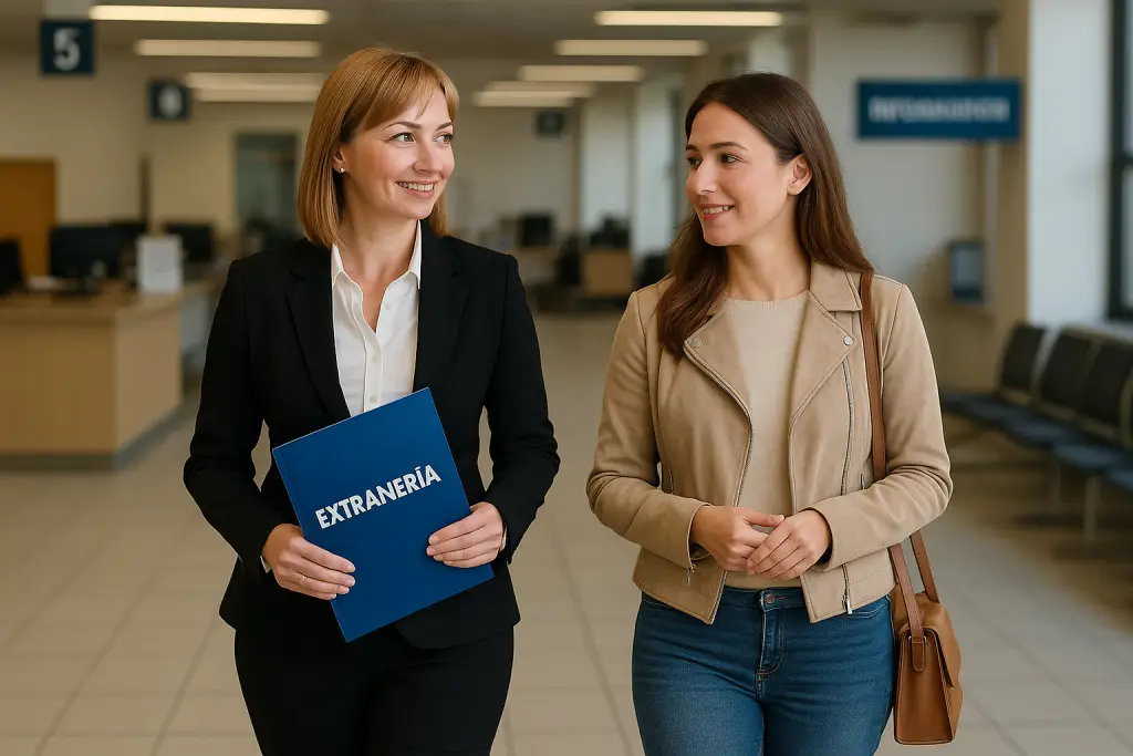 Iryna Sukhetska acompañando a una clienta durante un trámite de extranjería en España, desde la gestoría Gestión de Documentación.