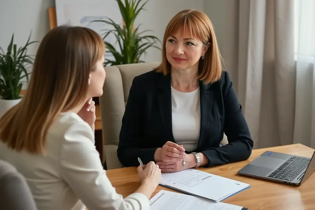 Iryna Sukhetska Teleyko asesorando a una clienta sobre trámites legales y documentación oficial en la oficina de Gestión de Documentación, Murcia.