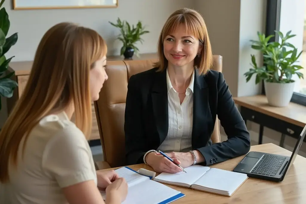 Ірина Сухецька Телейко консультує клієнтку з юридичних питань в офісі Gestión de Documentación у Мурсії.