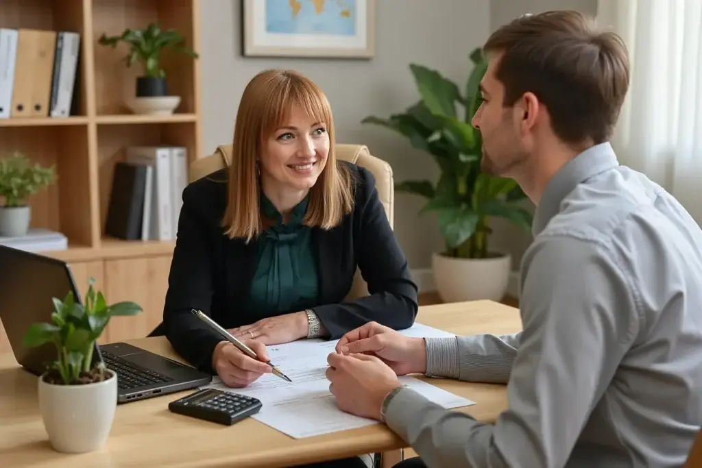 Iryna Sukhetska Teleyko, directora de Gestión de Documentación, asesorando a un cliente en la oficina sobre trámites fiscales y legales.