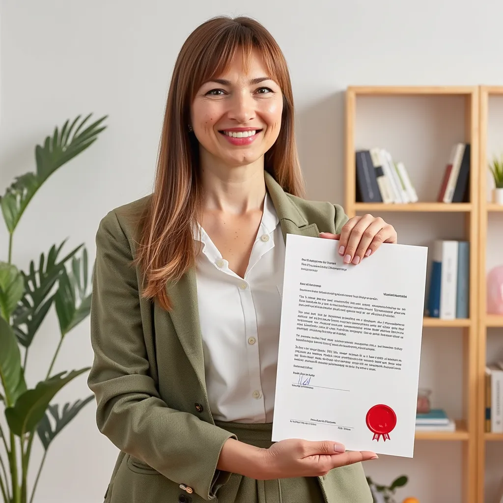 Mujer profesional mostrando documento con sello oficial en oficina moderna, traducciones juradas.