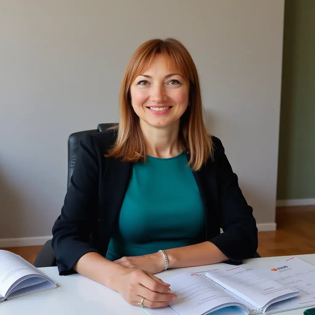 Iryna Sukhetska Teleyko, directora de Gestión de Documentación, sentada en su oficina con una expresión profesional.