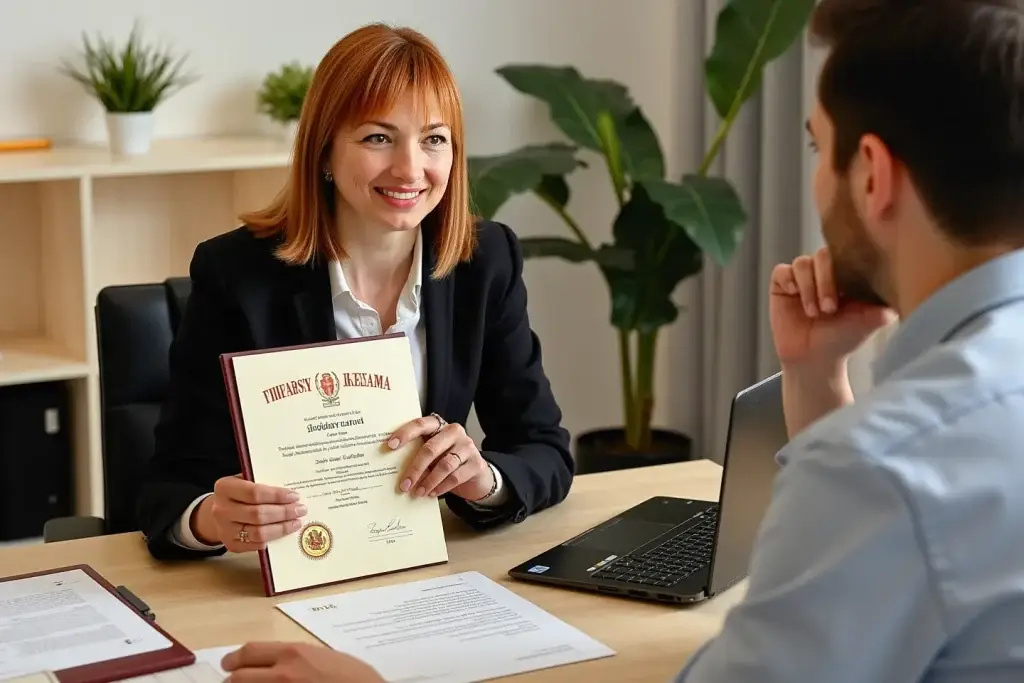 Iryna Sukhetska Teleyko asesorando a un cliente sobre la traducción jurada de un título universitario en la oficina de Gestión de Documentación.