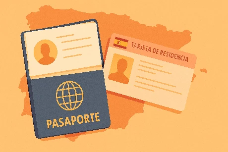 Pasaporte y tarjeta de residencia española sobre mapa de España - Trámites de extranjería con Gestión de Documentación en Murcia.