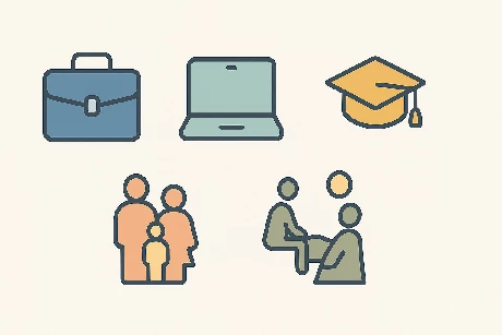 Iconos de motivos para solicitar residencia en España: trabajo, familia, autónomo, estudios - Gestión de Documentación Murcia.